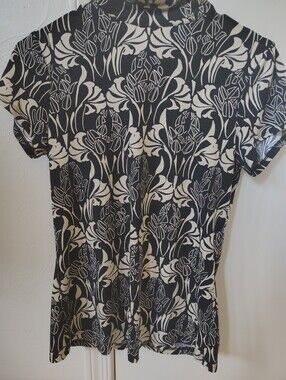 Alfani Women's S Black Beige Floral Ruffle Sleeve Knit Stretch Blouse